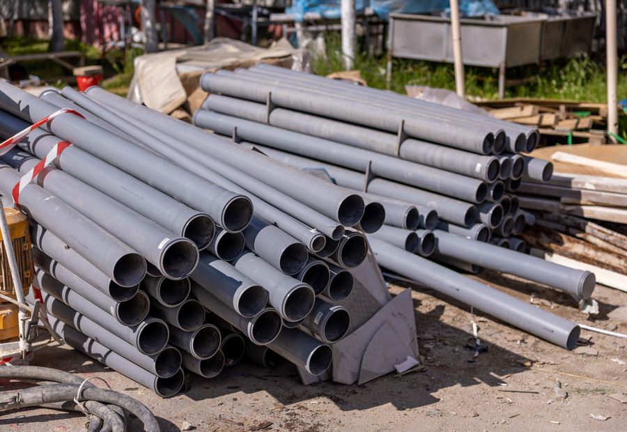 Stacked PVC septic pipe and fittings laid out on a jobsite