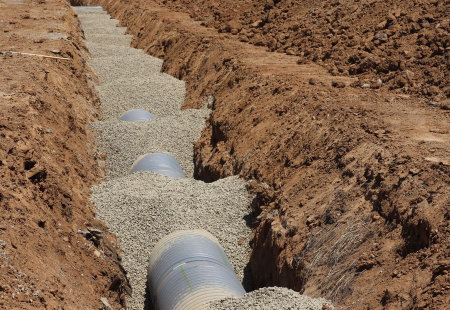 Open septic trench with perforated pipe bedded in clean washed gravel