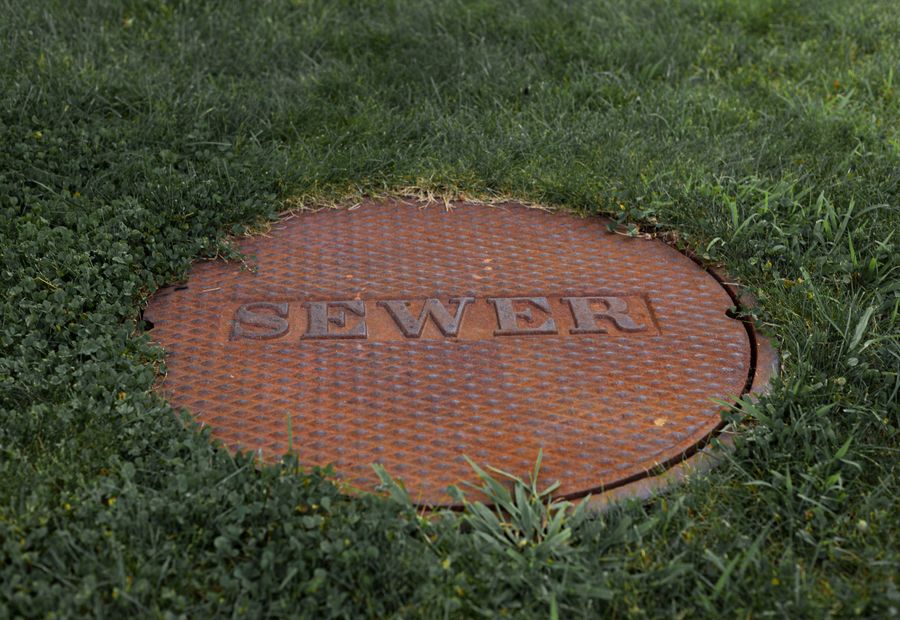 Cast metal septic access lid set flush with the surface of a mowed lawn